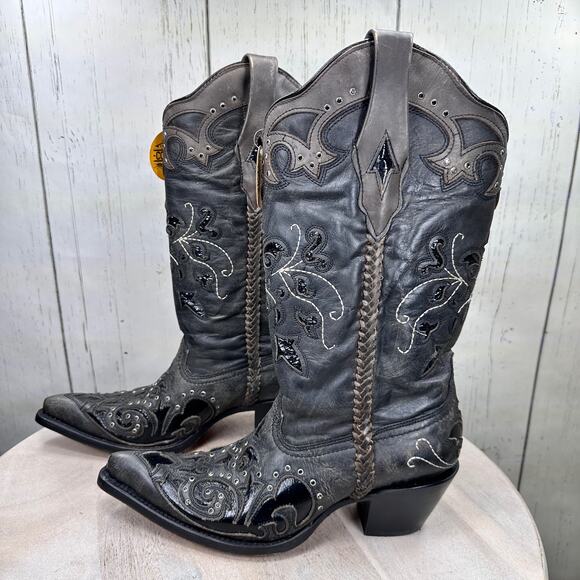 CORRAL Womens Tall Cowboy Boots 9 M Black Studded Overlay Crystal Boot C3934 NWT - Picture 5 of 13
